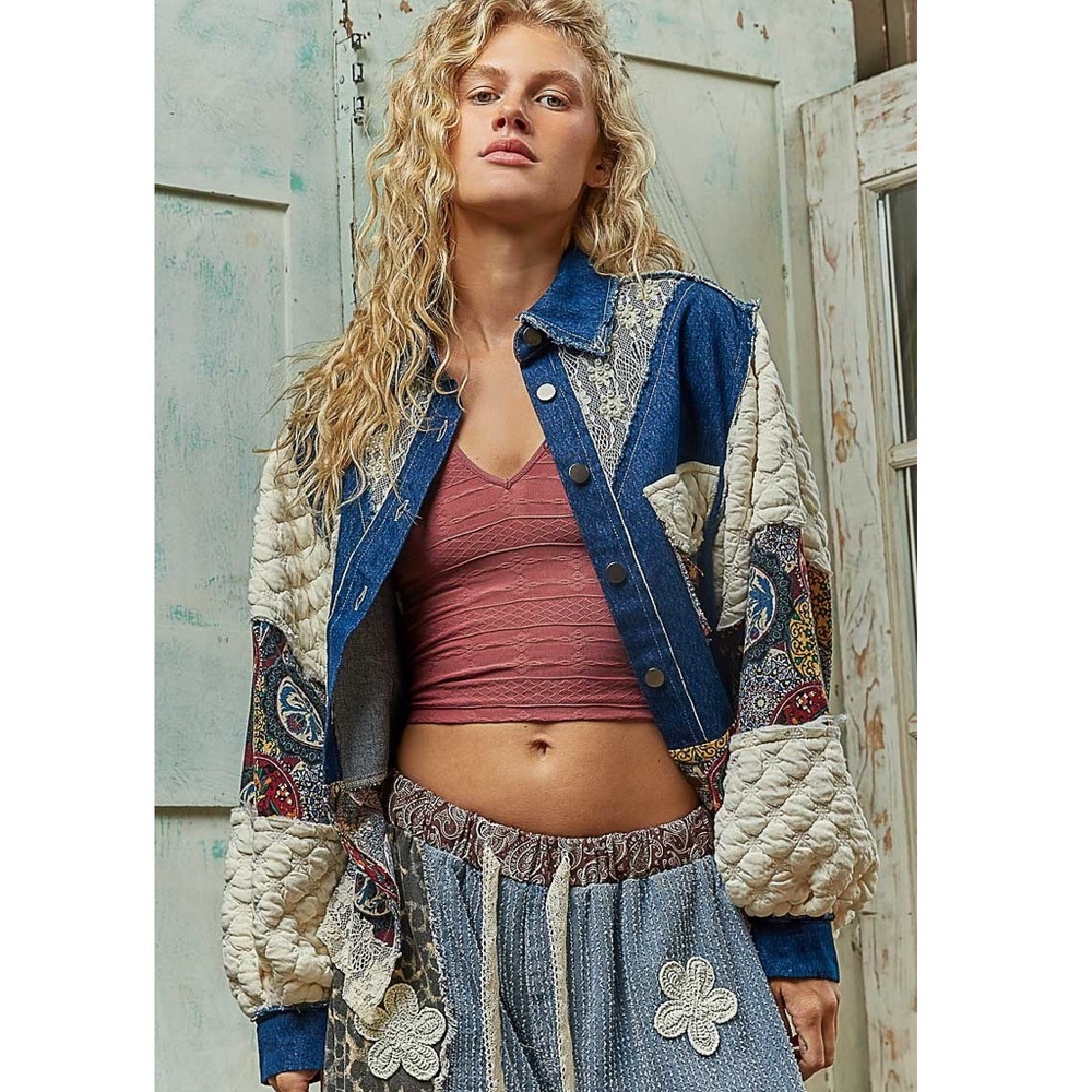 NEW POL Denim Blue Balloon Sleeve Patchwork Jacket Boho Lace Back Size Large